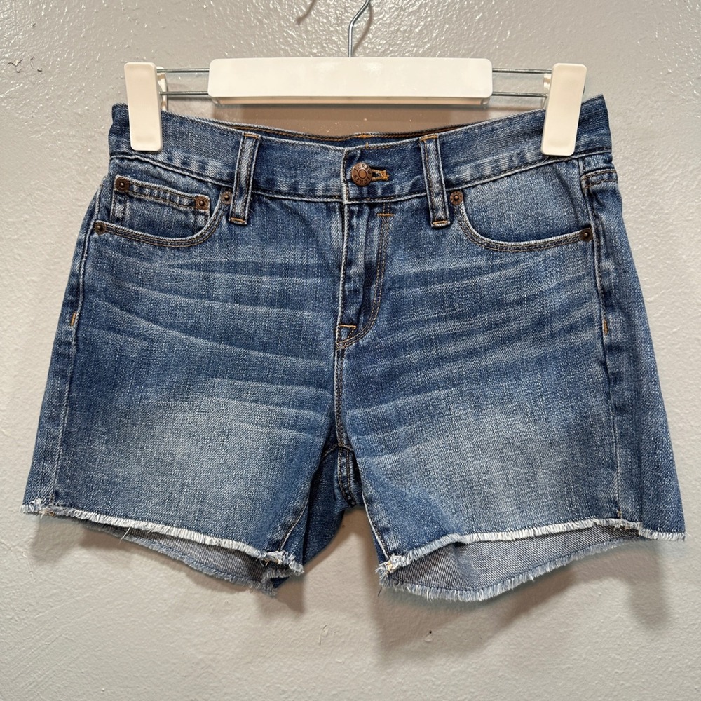 J.Crew Women's Blue Denim Cut-Off Shorts Medium Wash Raw Hem Size 24 Zip Grumge
